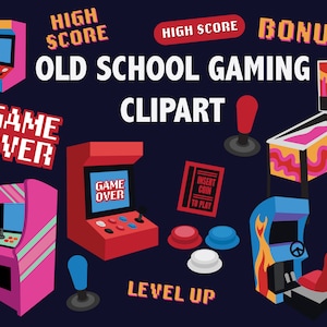 OLD SCHOOL GAMING Clipart Arcade jeux illustrations clip art Jeu vidéo Pinball voiture course jeux vidéo