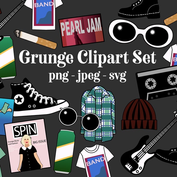 Grunge Clipart Set années 90 musique et mode clip art icônes Instant Download 90s party nirvana punk