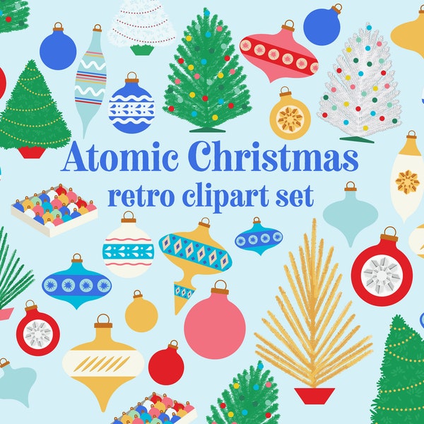 Atomic Christmas retro clipart set Mid Century retro Christmas ornaments and trees clip art holidays 40s 50s 60s 70s