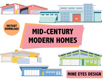 MID CENTURY HOMES Retro 50s architecture clipart illustrations Midcentury 50's clip art Printable Digital Illustrations