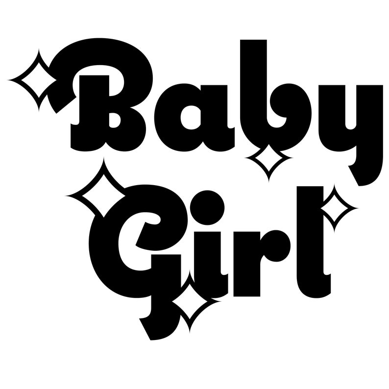 May include: Black and white graphic design with the text "Baby Girl" in a bold, stylized font. The text is surrounded by small, diamond-shaped designs.