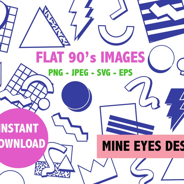 Flat 90's Images  Retro 90s graphic design element icons for cutting SVG Digital Download