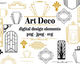 Peut inclure: Un ensemble d'éléments de design numérique dans le style Art Déco. Les éléments sont en noir, or et blanc et comprennent des formes géométriques, des lignes et des motifs. Le texte "Art Déco" est en lettres noires grasses. Le texte "éléments de design numérique" est en lettres noires. Le texte "png - jpeg - svg" est en lettres noires.