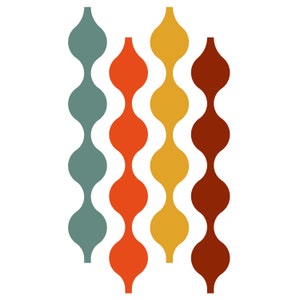 May include: Four strands of decorative beads in teal, orange, yellow, and brown. Each strand is made of a series of connected, rounded shapes.
