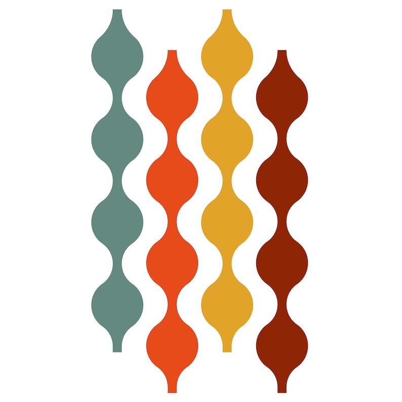 May include: Four strands of decorative beads in teal, orange, yellow, and brown. Each strand is made of a series of connected, rounded shapes.