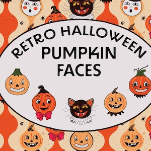 May include: A retro Halloween-themed design featuring a repeating pattern of orange pumpkins, black cats, and other vintage-style characters. The central oval contains the text "Retro Halloween Pumpkin Faces."