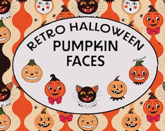 Vintage Folk Art Halloween Retro Pumpkin Faces Digital Assets PLUS 1 seamless pattern