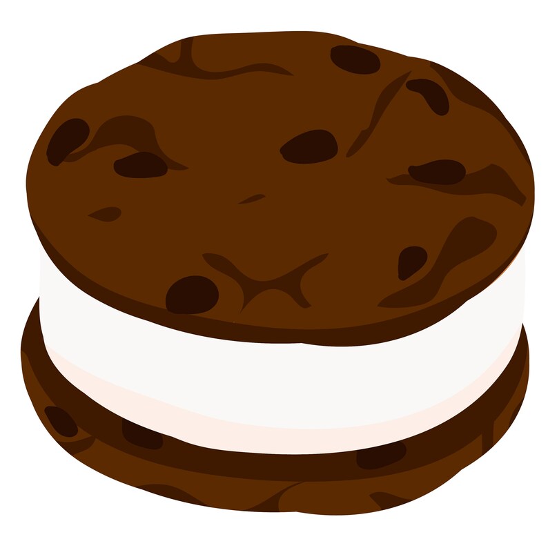 May include: A chocolate chip cookie ice cream sandwich with a white ice cream filling.