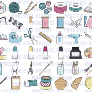 May include: A collection of illustrated craft and art supplies, including yarn, needles, buttons, paint tubes, scissors, and a sketchbook. The image features a variety of tools and materials for creative projects, with a clean, colorful design.