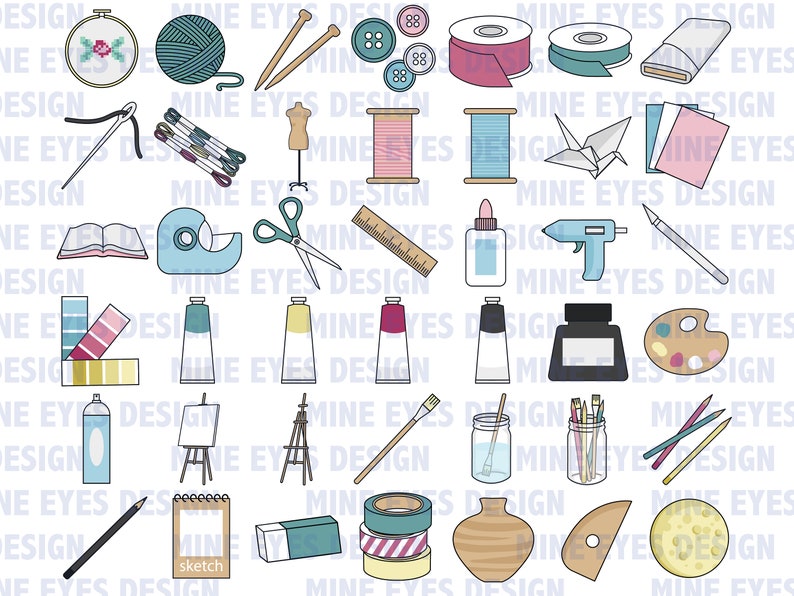 May include: A collection of illustrated craft and art supplies, including yarn, needles, buttons, paint tubes, scissors, and a sketchbook. The image features a variety of tools and materials for creative projects, with a clean, colorful design.