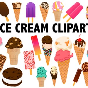 May include: A collection of colorful ice cream cone and popsicle clipart images. The images include chocolate, vanilla, strawberry, and mint chip ice cream flavors. The text "ICE CREAM CLIPART" is displayed in black letters.