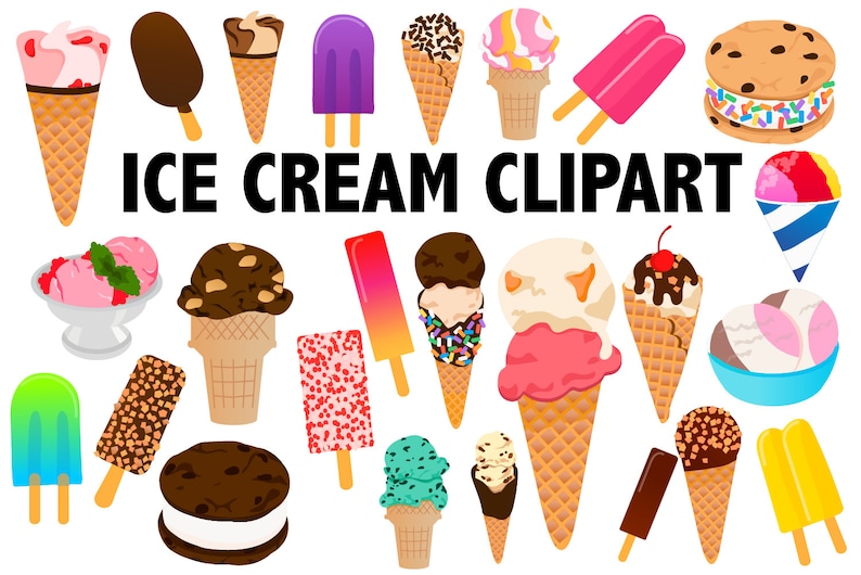 May include: A collection of colorful ice cream cone and popsicle clipart images. The images include chocolate, vanilla, strawberry, and mint chip ice cream flavors. The text "ICE CREAM CLIPART" is displayed in black letters.
