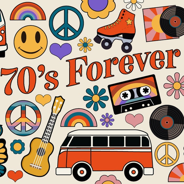 70 ' s Forever Clipart Set années 70 éléments de conception numérique rétro années 70 bus flower power hippies