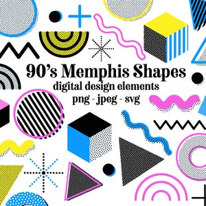 May include: A set of 90's Memphis style digital design elements. The shapes are in various colors, including pink, blue, yellow, black, and white. The shapes include circles, squares, triangles, and wavy lines. The shapes are filled with polka dots, stripes, and other patterns.