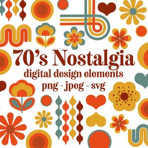 70s Nostalgia digital Design Elements  Retro Seventies clip art bundle flower power muted palette 1970s clipart illustrations