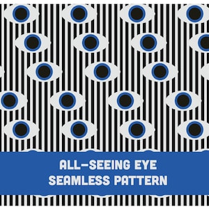 May include: A seamless pattern featuring black and white stripes with blue eyes. The text "ALL-SEEING EYE SEAMLESS PATTERN" is at the bottom of the image.