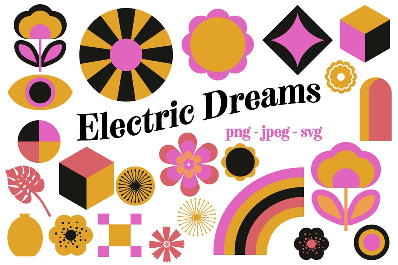 Electric Dreams digitala varumärkestillgångar färgglada, vibrerande original clipart y2k psykedeliska geometriska clipart bild 1