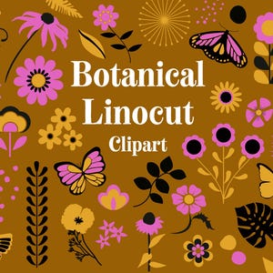 Puede incluir: Una colección de imágenes prediseñadas de linograbado botánico con mariposas, flores y hojas en rosa, amarillo y negro sobre un fondo marrón. El texto "Botanical Linocut Clipart" está en blanco.