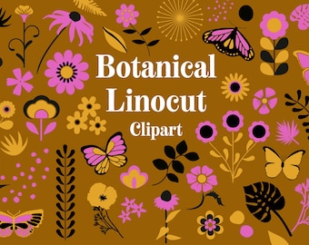 Botanical Linocut Graphics clipart image collection Flowers butterflies leaves foliage for design