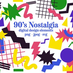 Elementy projektu nostalgii lat 90. Retro 90. ikony graficznego projektu clipart Odważne i jasne kształty lat 90.