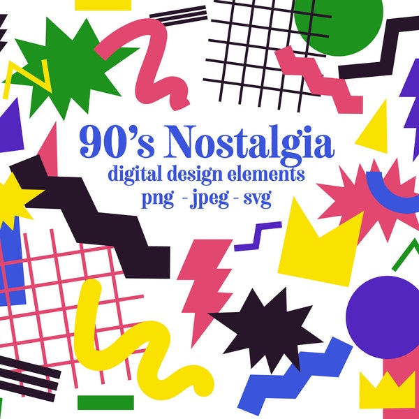 90s Nostalgia design elements  Retro 90s graphic design clipart icons Bold and bright 90s shapes