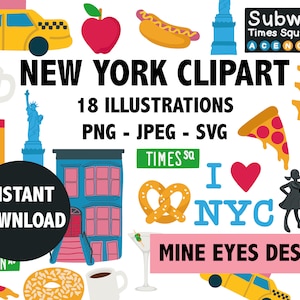 Clipart de NOVA IORQUE - Ilustrações de Manhattan e Brooklyn - metrô de Nova York, brownstone, pretzel, táxi e muito mais!