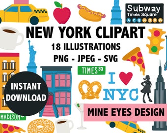 Op de afbeelding: Een set van 18 illustraties met het thema New York City, waaronder een gele taxi, een rode appel, een hotdog, een metro-bord, een verkeerslicht, een gebouw met een brandtrap, het Vrijheidsbeeld, een pretzel, een hart met de letters NYC, een pizzapunt, een bagel, een martini-glas en het Empire State Building. De illustraties zijn in cartoon-stijl en perfect voor gebruik in digitale of gedrukte projecten.