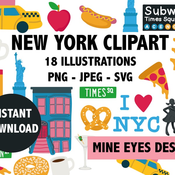NEW YORK Clipart - illustrations de Manhattan & Brooklyn - métro de NYC, brownstone, bretzel, taxi, et plus encore !