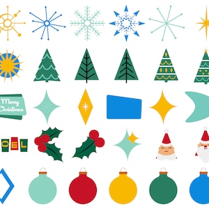 Pode incluir: Um conjunto de 28 ilustra&ccedil;&otilde;es com tema natalino, incluindo flocos de neve, estrelas, &aacute;rvores, enfeites, azevinho e um Papai Noel. As ilustra&ccedil;&otilde;es s&atilde;o em estilo retr&ocirc; com cores brilhantes e formas simples.