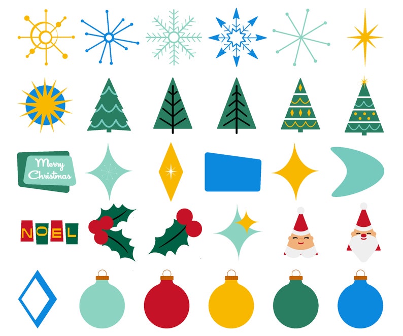 Pode incluir: Um conjunto de 28 ilustra&ccedil;&otilde;es com tema natalino, incluindo flocos de neve, estrelas, &aacute;rvores, enfeites, azevinho e um Papai Noel. As ilustra&ccedil;&otilde;es s&atilde;o em estilo retr&ocirc; com cores brilhantes e formas simples.