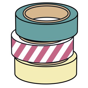 May include: A stack of three decorative washi tape rolls. The top roll is teal, the middle roll has a white and maroon diagonal stripe pattern, and the bottom roll is light yellow. Each roll has a tan inner core.