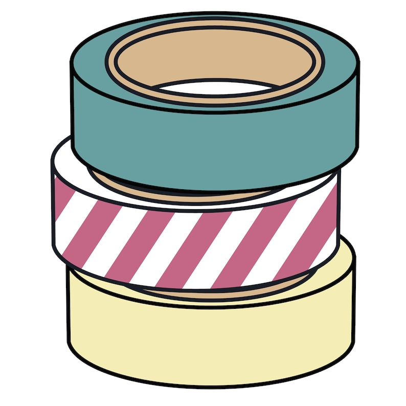 May include: A stack of three decorative washi tape rolls. The top roll is teal, the middle roll has a white and maroon diagonal stripe pattern, and the bottom roll is light yellow. Each roll has a tan inner core.
