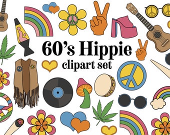 60's Hippie clipart set Retro sixties clip art images 60s hippy digital clipart icons