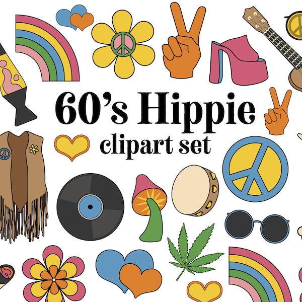 60's Hippie clipart set Retro sixties clip art images 60s hippy digital clipart icons