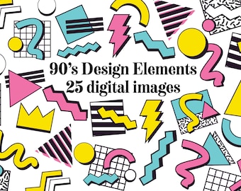 90s DESIGN CLIPART Retro 90s graphic design element icons Bold and nostalgic abstract 90's patterns Digital Download