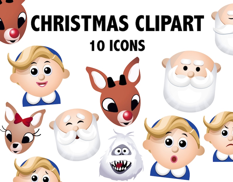 K&ouml;nnte beinhalten: Ein Set mit 10 Weihnachts-Clipart-Bildern mit Figuren wie dem Weihnachtsmann, Rudolph, dem Rentier mit der roten Nase, und dem Yeti. Die Bilder sind im Cartoon-Stil gehalten und perfekt, um Ihren Projekten eine festliche Note zu verleihen.