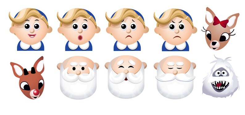 K&ouml;nnte beinhalten: Ein Satz von neun Comic-Charaktergesichtern, darunter ein M&auml;dchen mit blonden Haaren, ein Rentier, ein Schneemann und der Weihnachtsmann. Die Charaktere sind alle l&auml;chelnd, stirnrunzelnd oder &uuml;berrascht.
