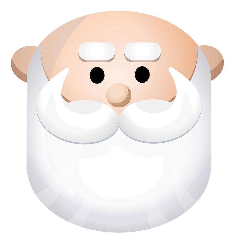 K&ouml;nnte beinhalten: Eine Cartoon-Illustration eines Weihnachtsmann-Gesichts mit wei&szlig;em Bart und Schnurrbart. Das Gesicht ist rund und hat einen rosigen Teint. Die Augen sind schwarz und die Augenbrauen sind wei&szlig;. Die Nase ist rot und der Mund ist geschlossen.