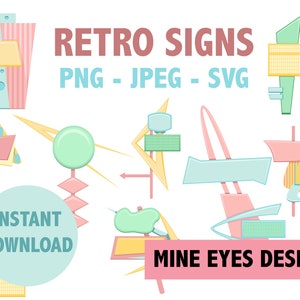 RETRO SIGNS ILLUSTRATIONS Mid Century Modern design icons Googie sign shapes 1950s Digital clip art