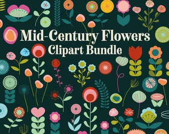 MID-CENTURY FLOWER Clipart bundle floral abstract geometric foliage