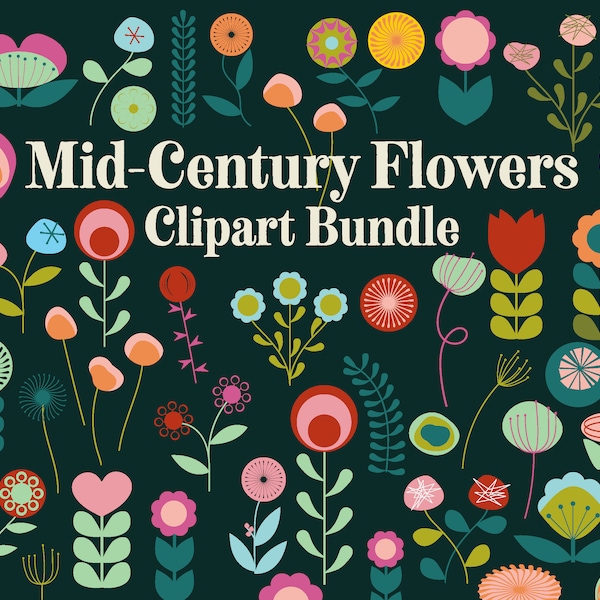 MID-CENTURY FLOWER Clipart bundle floral abstract geometric foliage