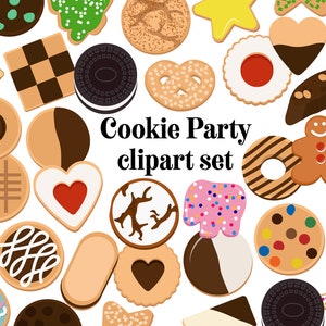 以下が含まれることがあります： ジンジャーブレッド、チョコレートチップクッキー、シュガー クッキーなど、カラフルなクッキーのクリップアート画像のセット。画像の中央に「Cookie Party clipart set」というテキストがあります。