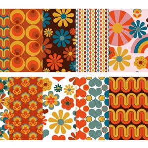 Pu&ograve; includere: Un set di 10 motivi di carta digitale in stile retr&ograve; anni '70. I motivi presentano varie forme geometriche, fiori e cuori in tonalit&agrave; di arancione, giallo, marrone, blu, verde e rosa.