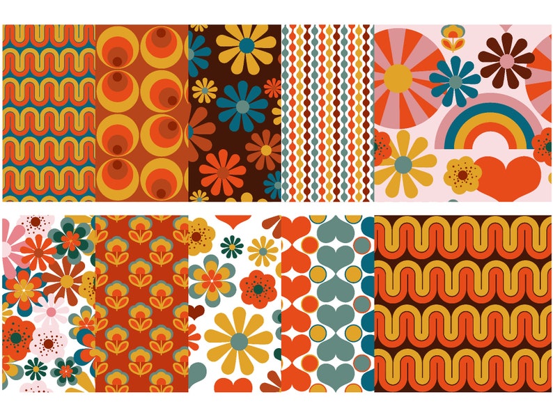 Pu&ograve; includere: Un set di 10 motivi di carta digitale in stile retr&ograve; anni '70. I motivi presentano varie forme geometriche, fiori e cuori in tonalit&agrave; di arancione, giallo, marrone, blu, verde e rosa.