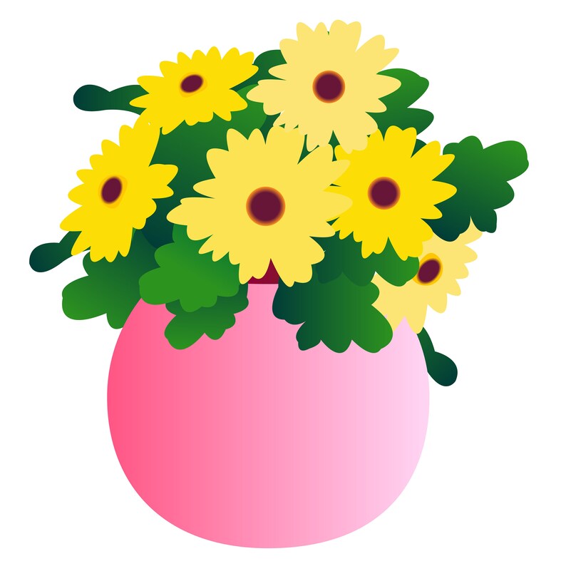 Puede incluir: Ilustraci&oacute;n digital de un ramo de flores amarillas con centros marrones y hojas verdes en un jarr&oacute;n rosa. El jarr&oacute;n tiene forma redondeada con un degradado de rosa claro a oscuro.