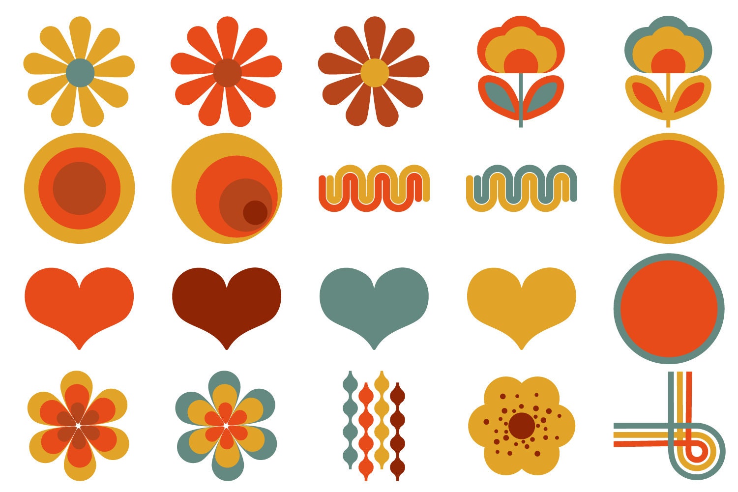 70s Retro Clipart Bundle: Flower Power Digital Design Elements (PNG ...