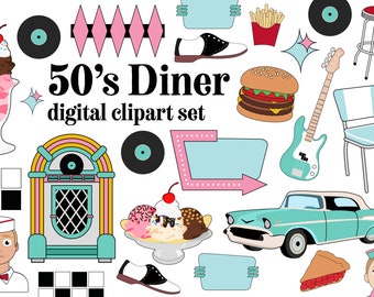 50s Diner Clipart Set: Retro Restaurant Graphics (Digital Download)