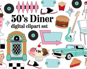 50s Diner clipart set retro 1950's nostalgia 50s googie shapes Restaurant diner clip art