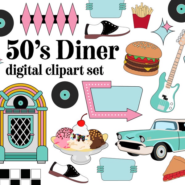 50s Diner clipart set retro 1950's nostalgia 50s googie shapes Restaurant diner clip art