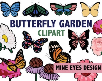 Clipart de jardín de mariposas, mariposas y flores, ilustraciones digitales, mariposa monarca, polilla